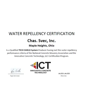 Water Repellency Certification -  Chas. Svec, Inc. (R)